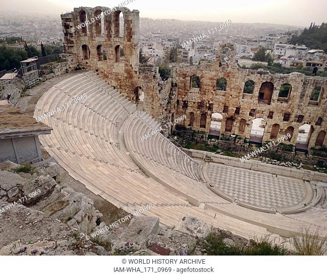 The Odeon of Herodes Atticus, on the southwest slope of the Acropolis of Athens, Greece. The building was completed in 161 AD and then renovated in 1950