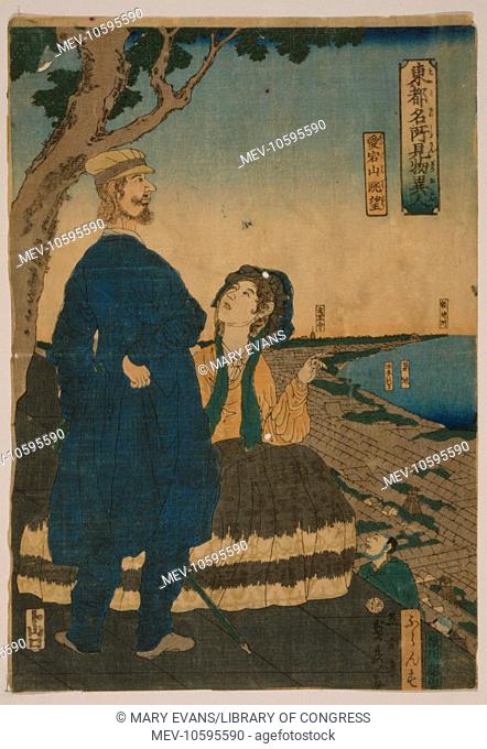 Enjoying the view from Atago hill. Japanese print shows a French couple looking at the view of Edo (Tokyo) from the top of a hill. Date 1861