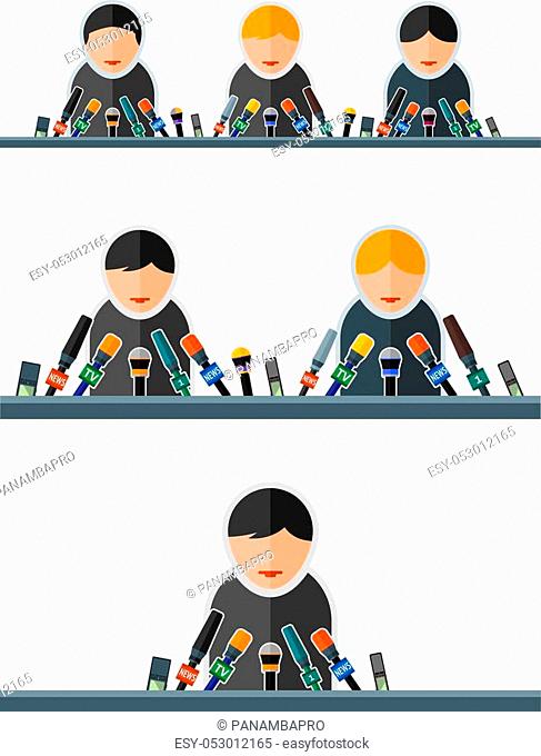 Set of flat image of people with microphones in the conference. Eps 10