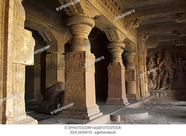 Cave 1: A sculpture depicting Nandi, the bull, Bhringi, a devotee of Shiva; a female decorated goddess, all of which are part of Ardhanarishvara, Badami Caves