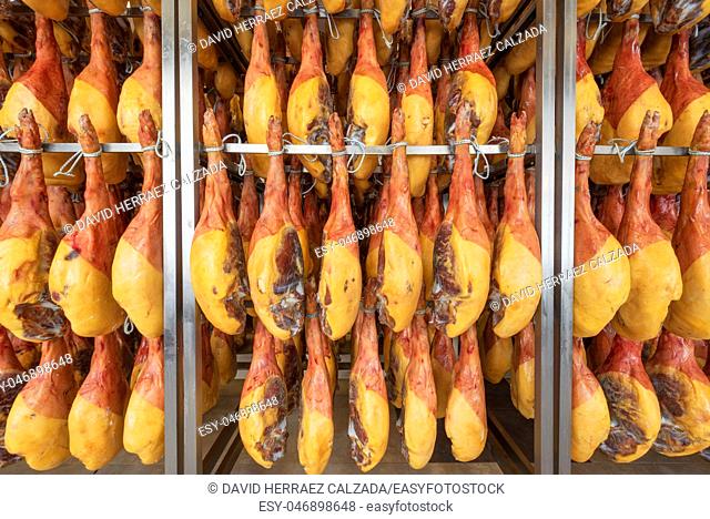 Jamon serrano Spanish ham cellar. Food industry