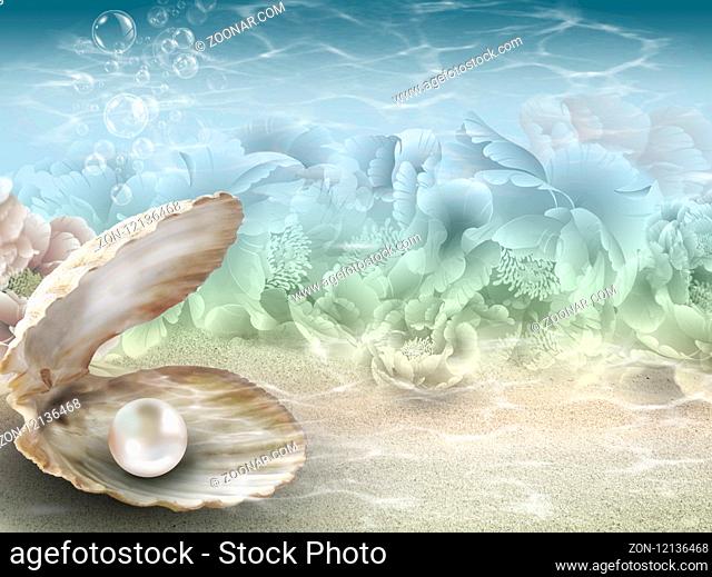 Pearl background with single nacreous pink shiny pearl under aqua and green ocean ripples