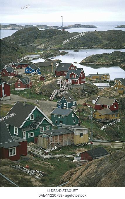 High angle view of dwellings on fjords, Sisimiut, Greenland