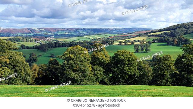 The Quantock Hills viewed from the Brendon Hills at Chidgley on the edge of Exmoor National Park near Williton, Somerset, England, United Kingdom