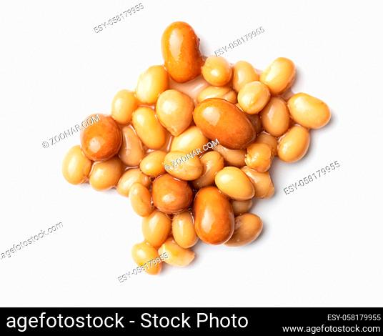 Mix of legume beans and chickpeas in sauce isolated on white background