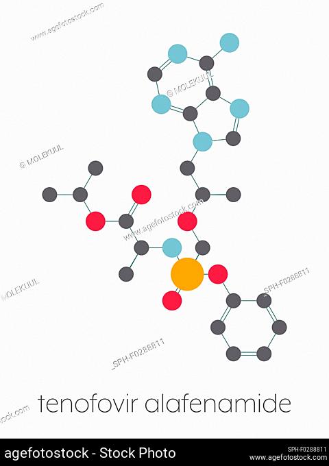 Tenofovir alafenamide antiviral drug molecule (prodrug of tenofovir). Stylized skeletal formula (chemical structure): Atoms are shown as color-coded circles...