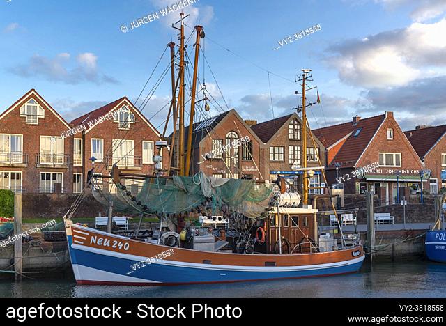 Crab cutter in fishing harbor, Neuharlingersiel, Lower Saxony, Germany, Europe