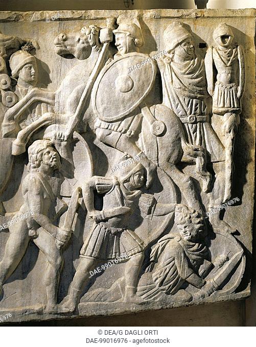 Roman civilization, 3rd century A.D. Grande Ludovisi sarcophagus, front marble relief depicting a battle between Romans and Ostrogoths, 260 circa