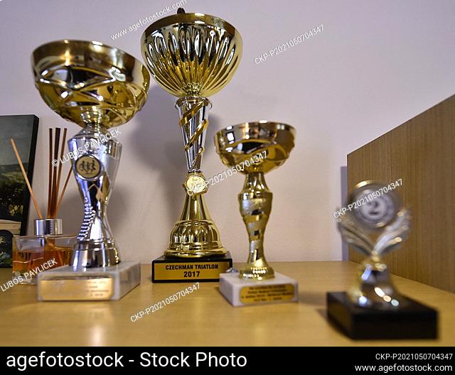 Trophies of blind cyclist Ondrej Zmeskal are seen on May 7, 2021, in Novy Teleckov, Trebic region, Czech Republic. This year, as the first blind athlete