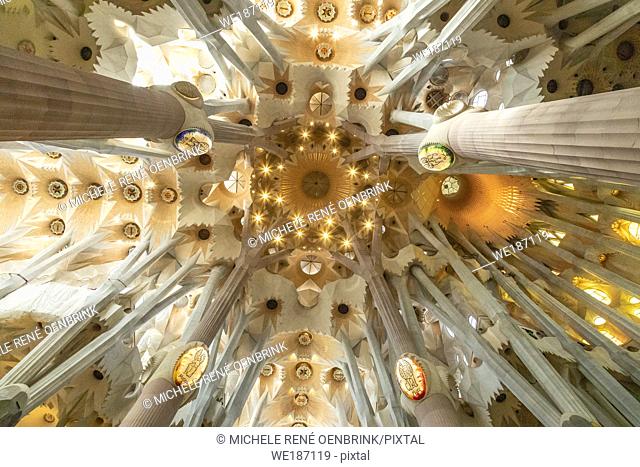 Interior of La Sagrada Família Antoni Gaudí's renowned unfinished church in Barcelona Spain begun in the 1880s