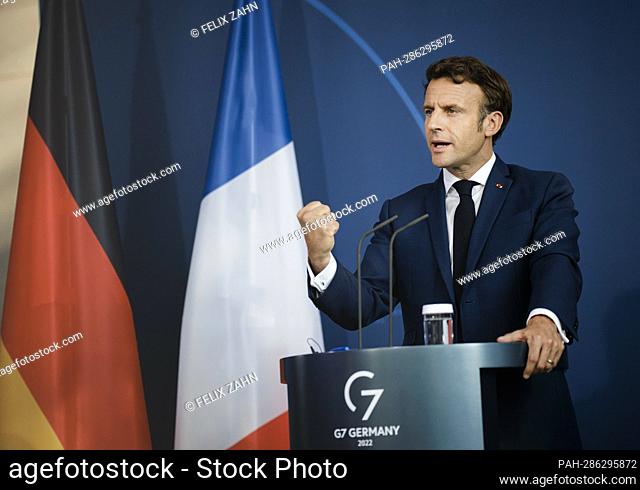 Emmanuel Macron, President of the French Republic, recorded at a press conference in the Federal Chancellery in Berlin. 05/09/2022