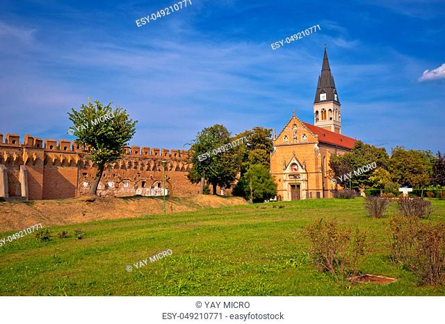Town of Ilok defense walls and church view, Slavonija region of Croatia