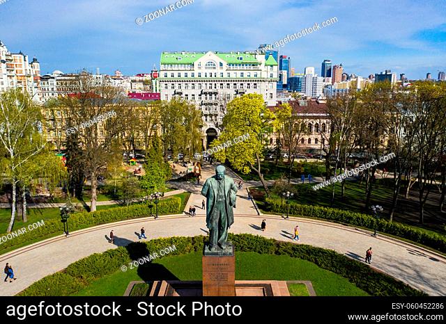 Kiev. Ukraine. April 18 2019. Monument of Taras Shevchenko. Aerial view. Park. Kyiv