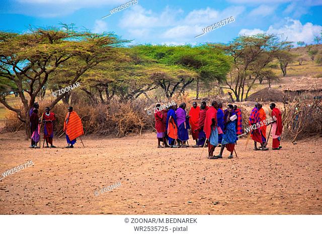 Maasai people and their village in Tanzania, Africa