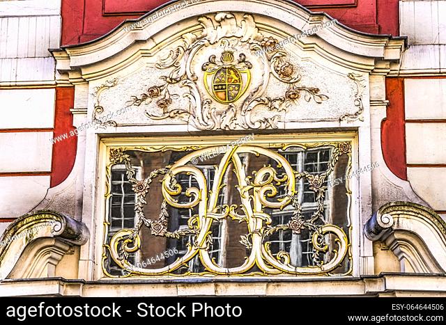 Colorful Old Building Facade Long Main Square Gdansk Poland. Formerly known as Danzig, square established 1331 buildings from 1500 to 1600s and residence of...