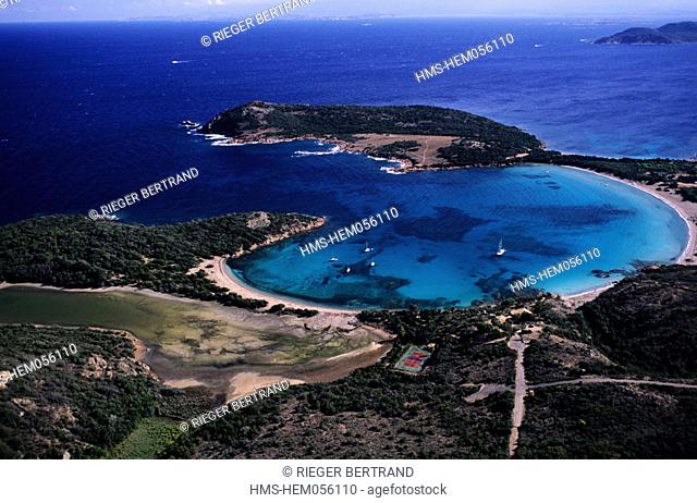 France, Corse-du-Sud (2A), Rondinara bay, white sand beach, aerial view