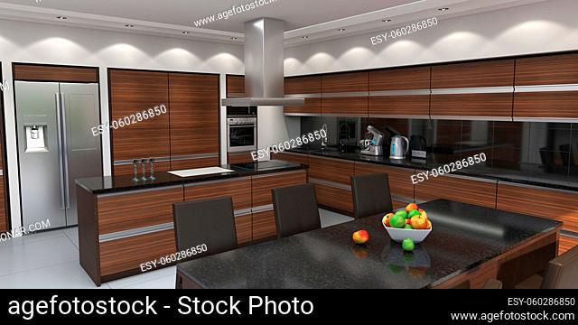 3D rendering modern kitchen with wooden panels
