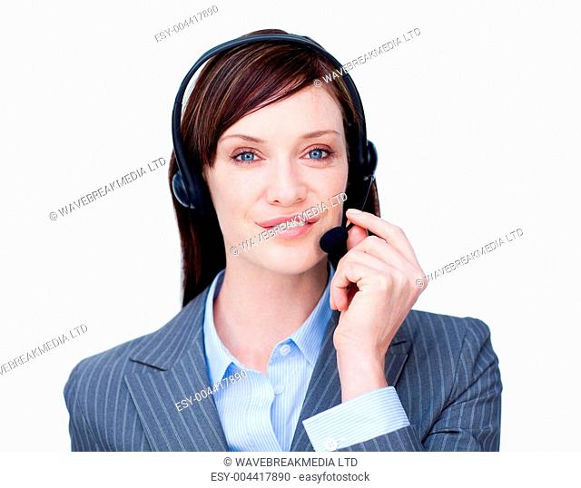 Serious businesswoman with headset on