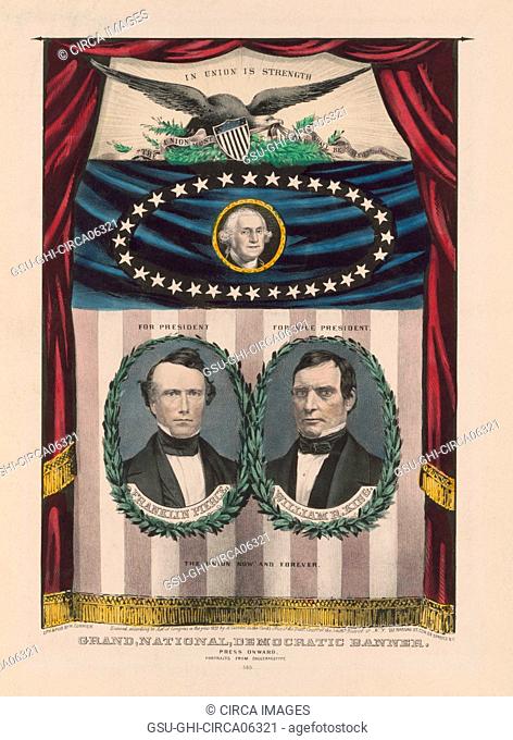 Presidential Campaign Banner, Bust Portraits for President, Franklin Pierce, President, For Vice President, William R. King, George Washington, Grand, National