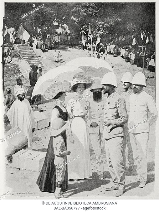 Colonel Henri Gouraud, returning from Adrar, Mauritania, being welcomed to Podor, Senegal, by the authorities and two ladies