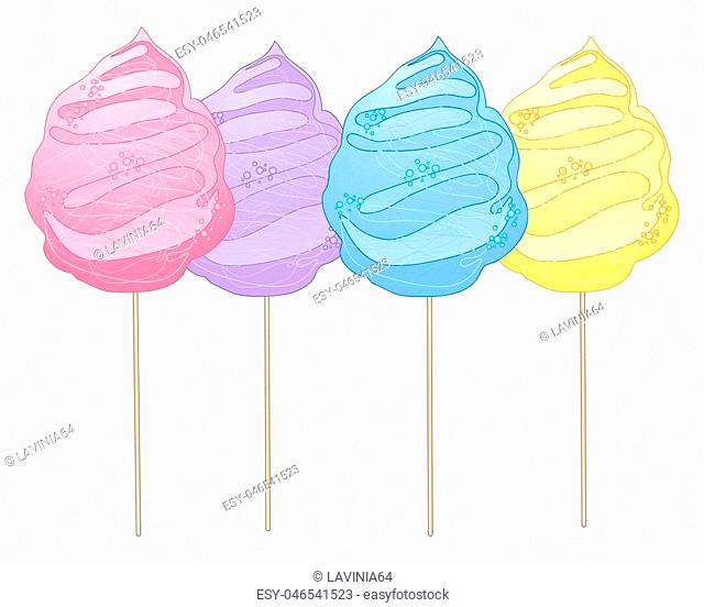 a vector illustration in eps 10 format of four cotton candy treats in bright colors in advertisment format on a white background