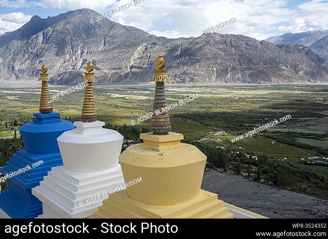 Three stupa and Nubra Valley at Diskit