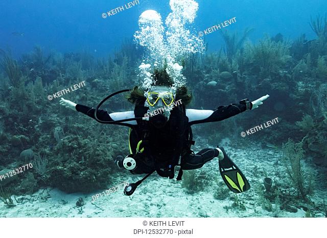 Scuba diver at Three Amigos Dive Site, Belize Barrier Reef; Belize