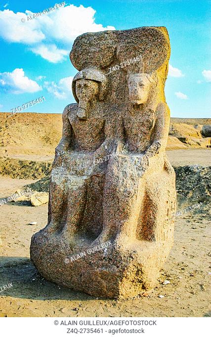 Egypt, Nile Delta, Tanis, the temple of Mut and Khonsu, previously called temple of Anta : Dyad of the King Ramses as god Khonsu, with his symbolic mother Mut