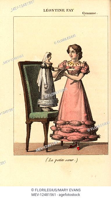 French child actress Leontine Fay (1810-1876) in La petite soeur by Eugene Scribe at the Theatre du Gymnase, 1821. Handcoloured copperplate engraving from...
