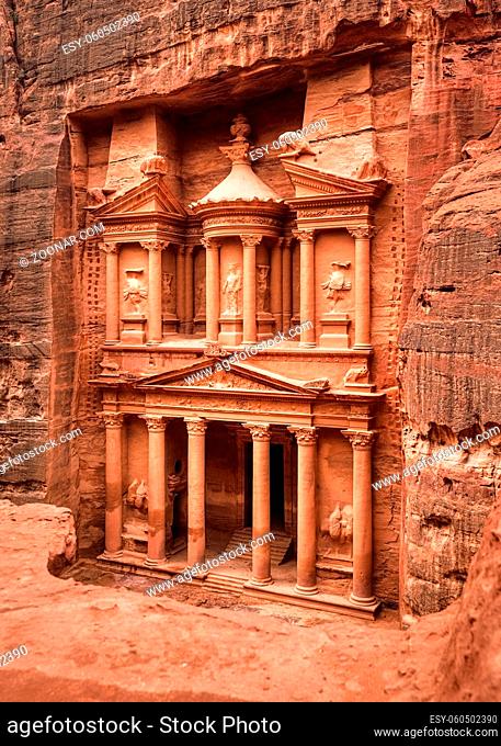 Front of Al-Khazneh Treasury temple carved in stone wall - main attraction in Lost city of Petra