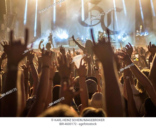 Cheering audience at a concert during the Nova Rock Festival, Nickelsdorf, Burgenland, Austria