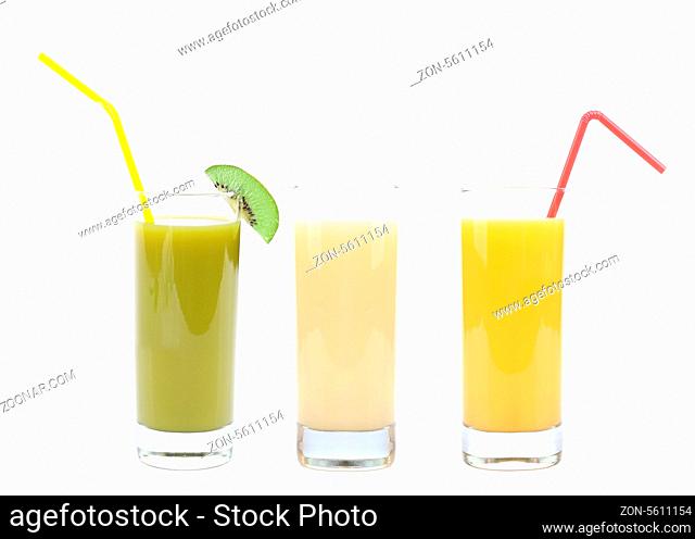 orange, kiwi and banana juice on a white background