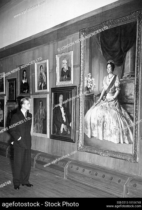 The Duke of Edinburgh looking at a painting of her Majesty the Queen.H.R.H. The Duke of Edinburgh visits the Royal society of Portrait Painters' Exhibition at...