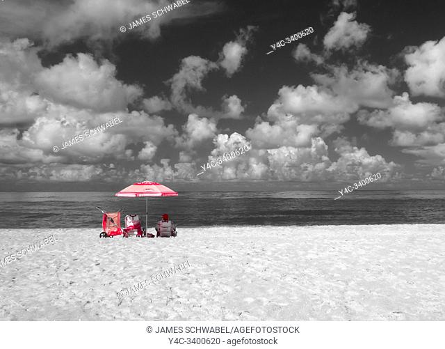 Umbella on beach taken with a Infrared Red camera and processed for false colors