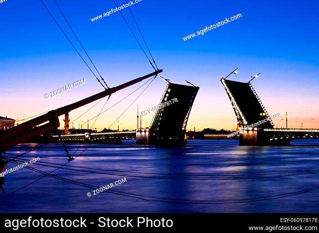 Divorced Palace Bridge during the White Nights wiev on Kuntskamera , St. Petersburg, Russia. July 3, 2010