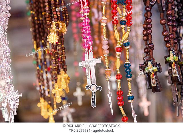 Religious icons and crucifixes for Mexican pilgrims and penitents at the tianguis at the Sanctuary of Atotonilco an important Catholic shrine in Atotonilco