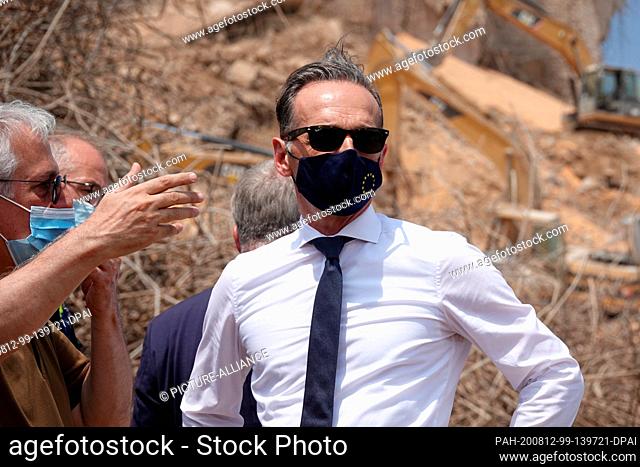 12 August 2020, Lebanon, Beirut: Heiko Maas (SPD), Foreign Minister, is standing at the site of the explosion. More than a week after the devastating explosion...