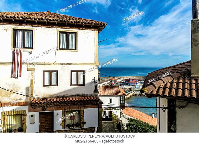 Panoramic view of Lastres, accurate coastal village of Asturias in northern Spain