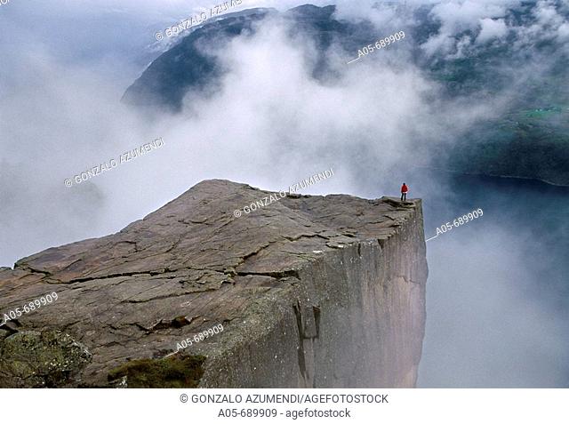 Preikestolen. Pulpit Rock. 600 meters over LyseFjord. Lyse Fjord, in Ryfylke district. Rogaland Region. It is the most popular hike in Stavanger area