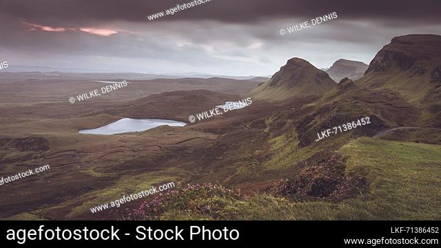 View across the plain at the Quiraing on the Isle of Skye in Scotland in the morning hour, Isle of Skye, Scotland, UK