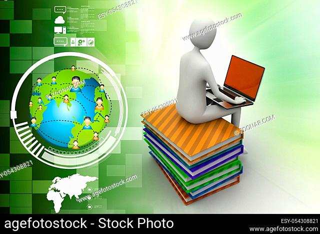 3d man sitting on books and working at his laptop