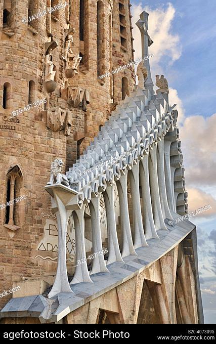 Facade of The Passion, La Sagrada Familia Basilica. Barcelona. Spain. The Basilica and Expiatory Church of the Holy Family is a Roman Catholic church in...