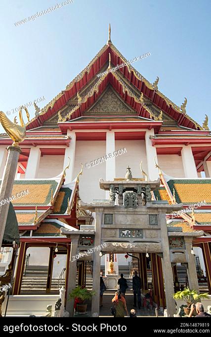 the Wat Kanlayanamit Temple at the Chao Phraya River in Thonburi in the city of Bangkok in Thailand in Southest Asia. Thailand, Bangkok, November, 2019