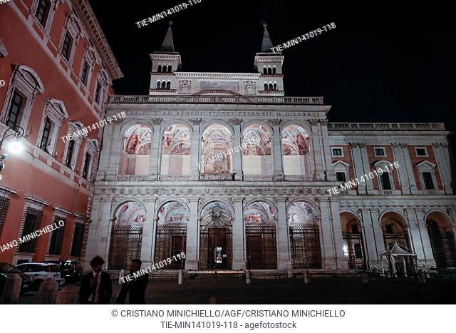 An exterior view of the Papal Archbasilica of Saint John Lateran with the new lightning system during the inauguration ceremony of the new lightning system of...