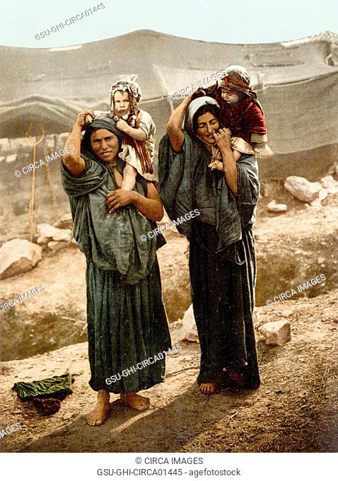 Bedouins and children outside Tent, Holy Land, Photochrome Print, circa 1900