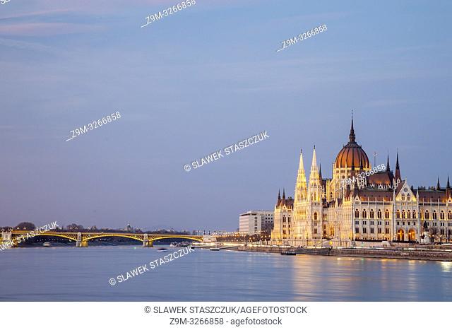 Evening at the Hungarian Parliament in Budapest, Hungary