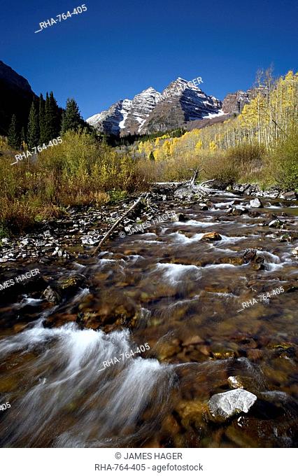 Maroon Bells and Maroon Creek with fall colors, Colorado, United States of America, North America