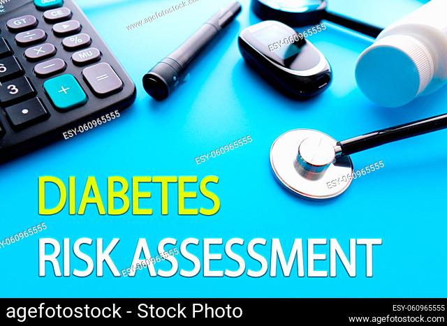 Diabetes Risk Assessment text. . Diabetes mellitus, type 2 diabetes and insulin production concept on blue background. Header or footer banner template with...