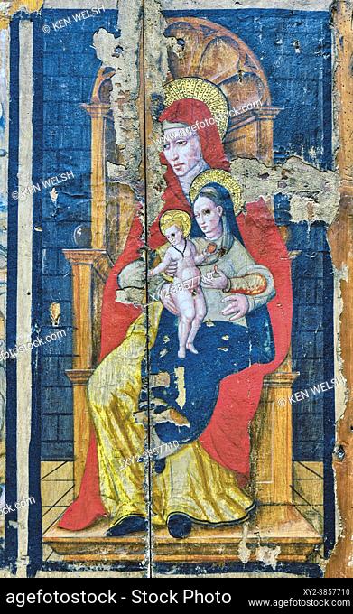 Detail of what was once the centre panel of an altarpiece, showing Saint Anne with her daughter the Virgin Mary, and her grandson the infant Jesus