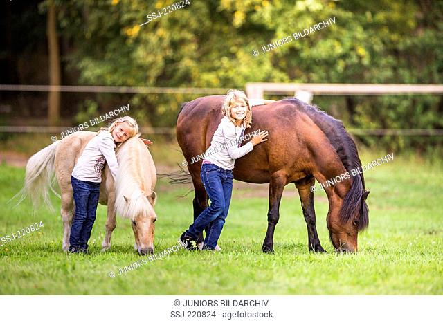Welsh Mountain Pony and Shetland Pony. Two girls smooching with ponies on a pasture. Germany